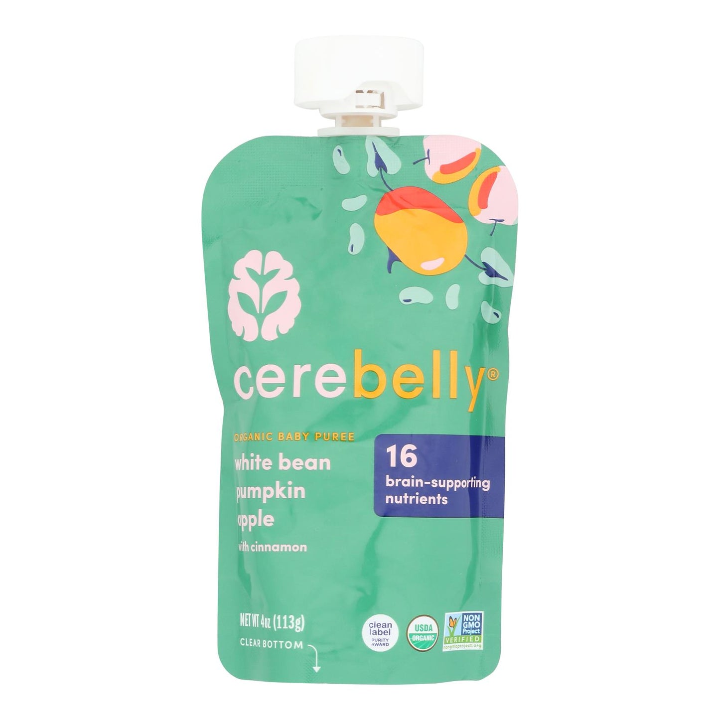 Cerebelly - Puré orgánico de 2 frijoles blancos, calabaza y manzana - Caja de 6 - 4 onzas