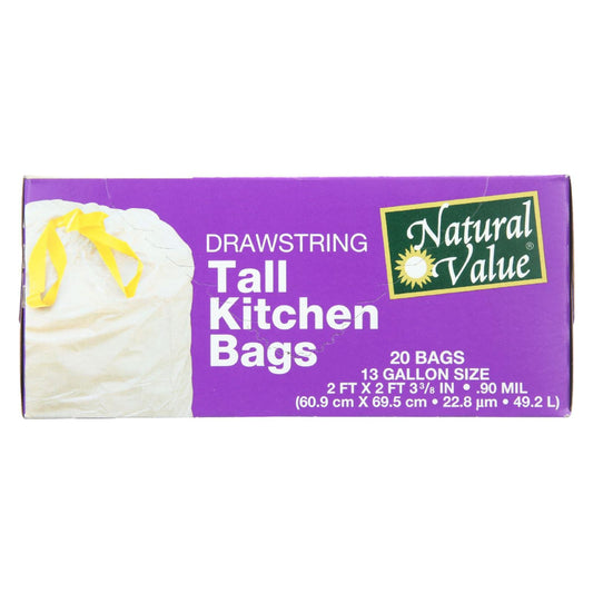 Natural Value Tall Kitchen Bags - Drawstring - 20 Count - Case Of 12