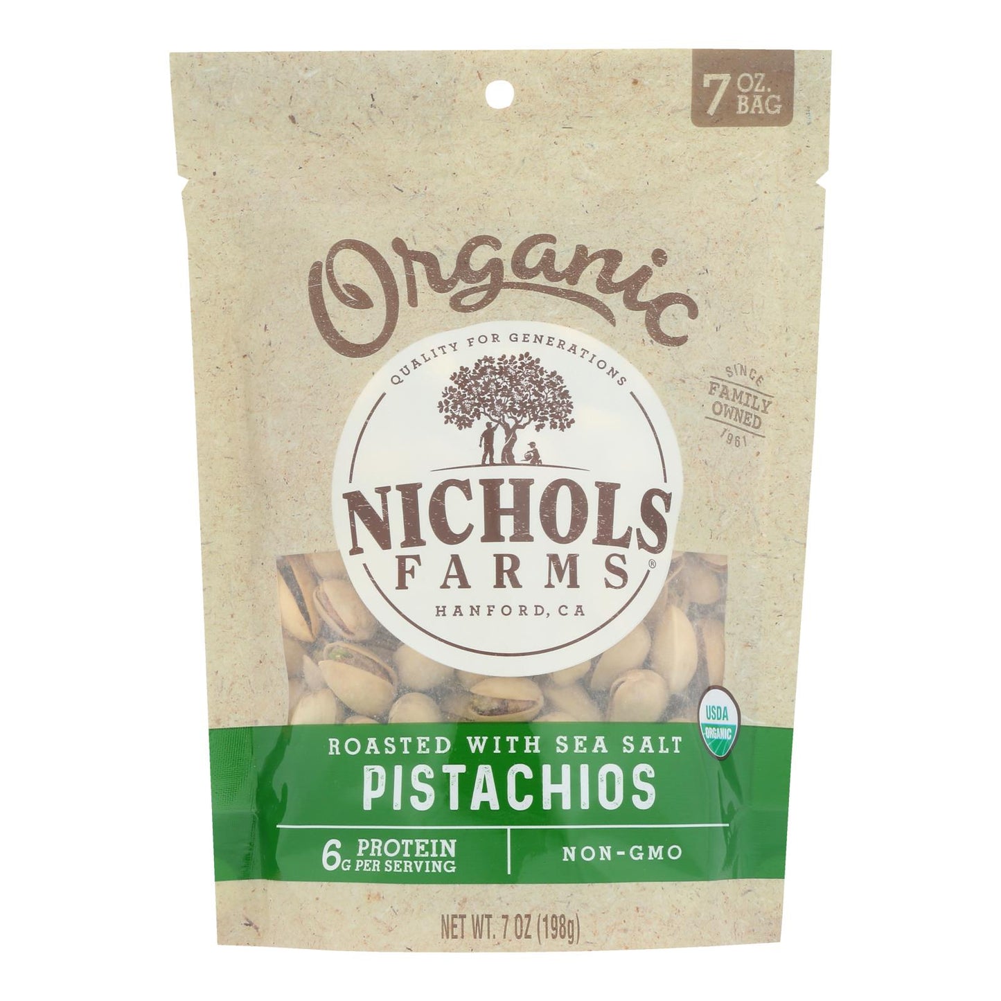 Nichols Farms - Pistacho orgánico tostado con cáscara y salado - Caja de 12 - 7 onzas