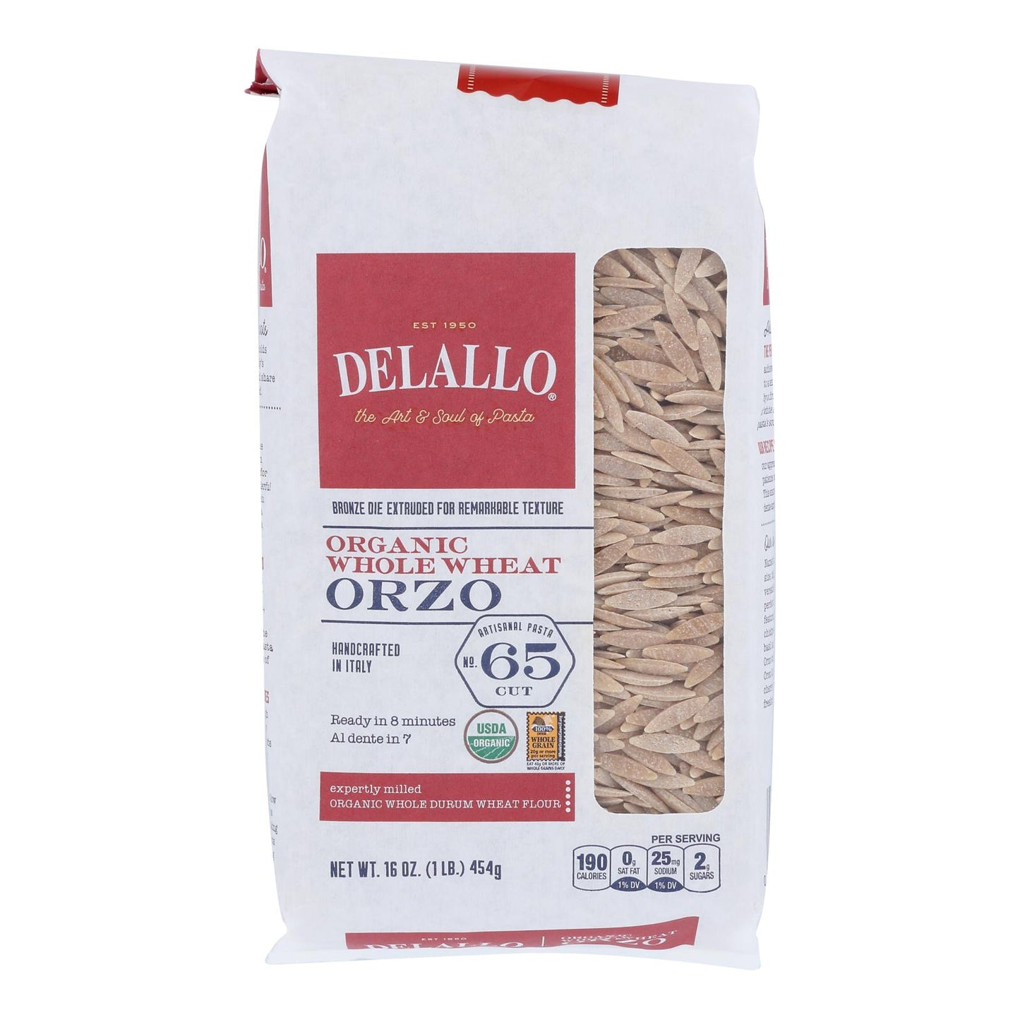 Delallo - Pasta Orzo Orgánica Trigo Integral Número 65 - Caja De 12-16 Onzas