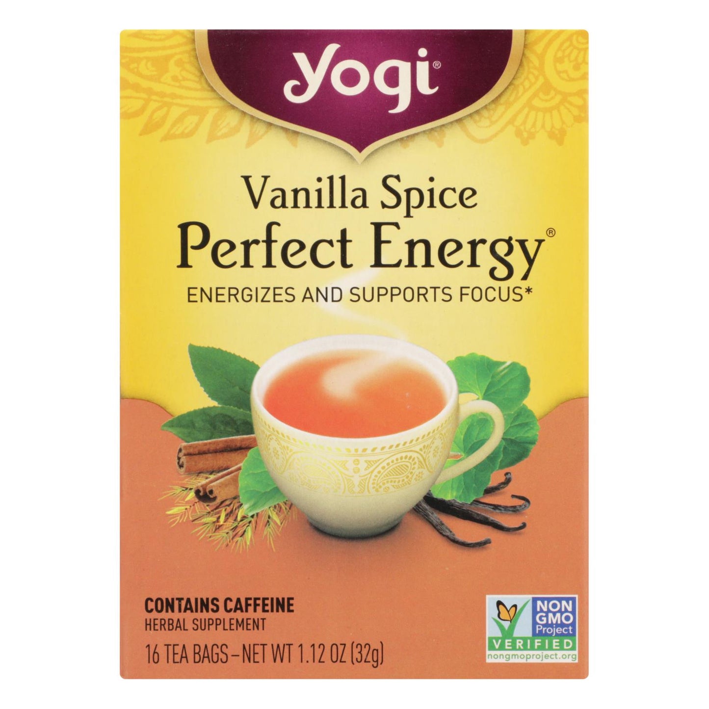 Té de hierbas Yogi Perfect Energy con sabor a vainilla y especias - 16 bolsitas de té - Caja de 6