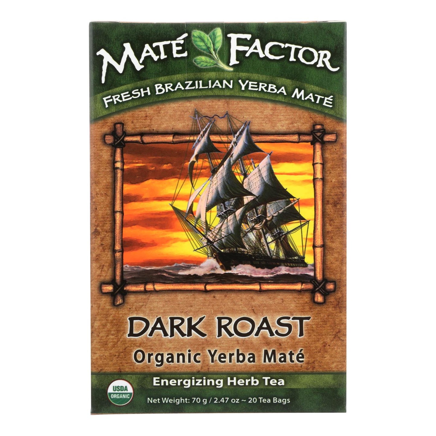 Mate Factor - Bolsitas de té de yerba mate orgánico tostado oscuro - Caja de 6 - 20 bolsas