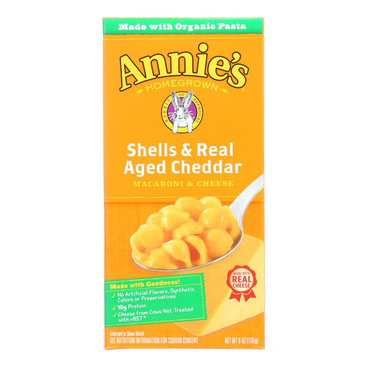 Macarrones con queso de cosecha propia de Annies, orgánicos, conchas y queso cheddar añejo auténtico, 6 oz, caja de 12