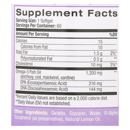 Aceite de pescado con sabor a limón y omega-3 de Natrol, 1200 mg, 60 cápsulas blandas