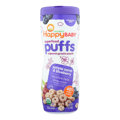 Bocadillos Happy Baby Happy Bites - Bocadillos Happypuff orgánicos de zanahoria morada y arándano - 2,1 oz - Caja de 6