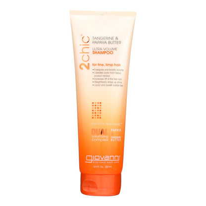 Champú 2chic de Giovanni Hair Care Products: manteca de mandarina y papaya ultravolumen, 8,5 onzas líquidas