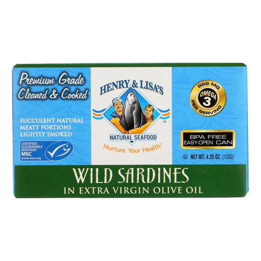 Sardinas silvestres en aceite de oliva virgen extra de Henry y Lisa's Natural Seafood - Caja de 12 - 4,25 oz.