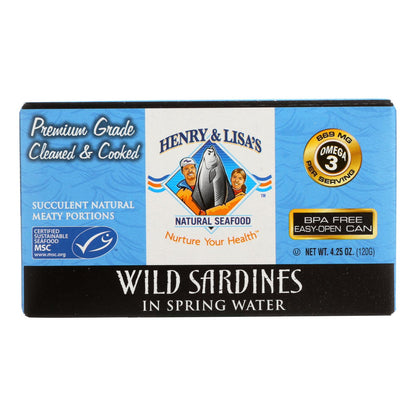 Sardinas silvestres en agua de manantial, mariscos naturales de Henry y Lisa - Caja de 12 - 4,25 oz.