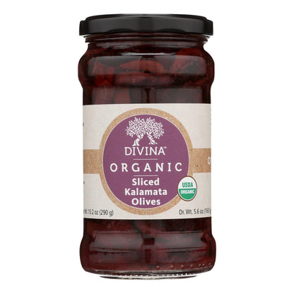 Divina - Aceitunas orgánicas - Kalamata en rodajas - Caja de 6 - 5.6 oz.