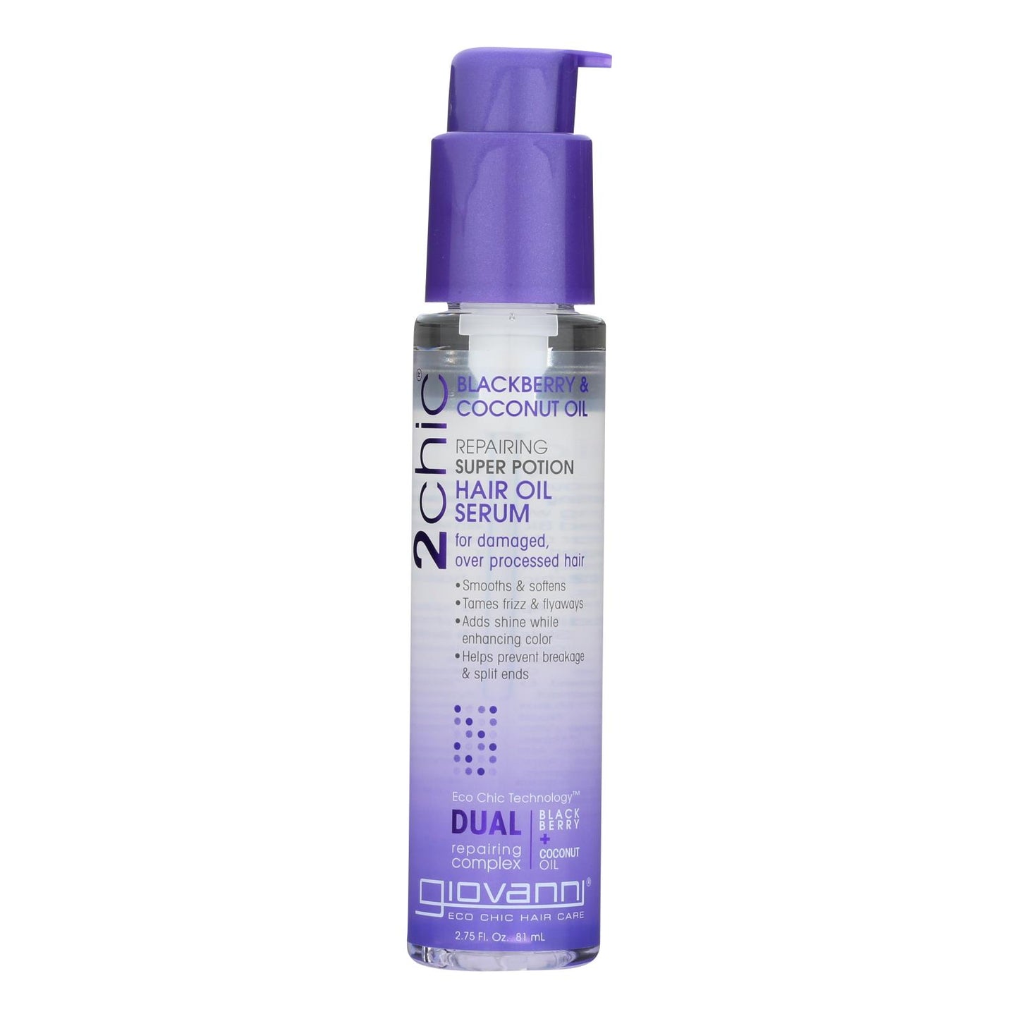 Suero capilar con aceite para el cabello Giovanni Hair Care Products - 2chic - Superpoción reparadora - Leche de coco y mora - 2,75 oz - 1 unidad