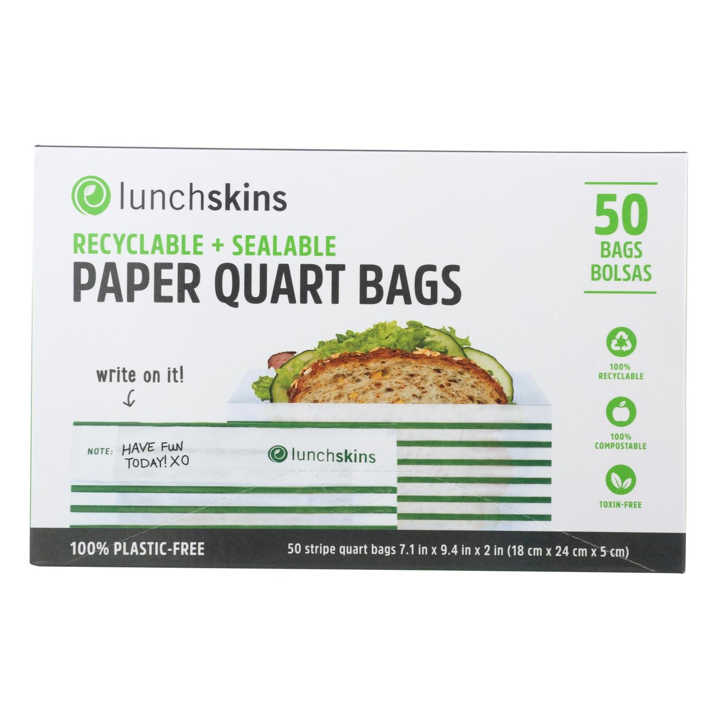 Lunchskins - Bolsas de papel para sándwich - Raya verde - Caja de 12 - 50 unidades