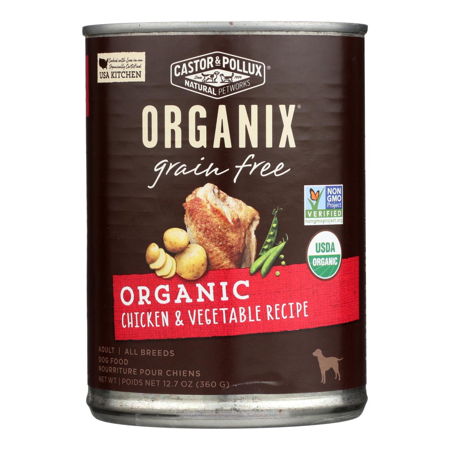 Alimento orgánico sin cereales para perros Castor and Pollux - Pollo y verduras - Caja de 12 - 12,7 oz.