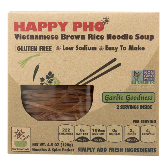 Mezcla de fideos de arroz integral Happy Pho, sabor delicioso al ajo - Caja de 6 - 4.5 oz