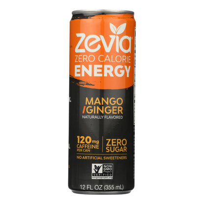 Bebida energética sin calorías Zevia - Mango/jengibre - Caja de 12 - 12 onzas líquidas