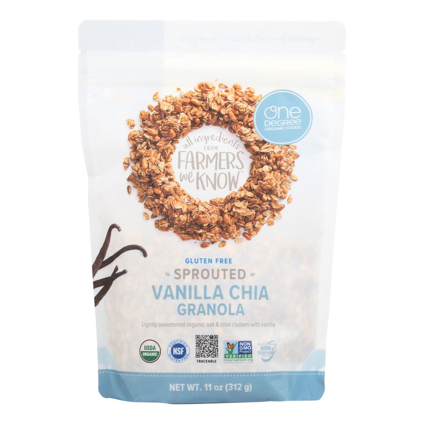 Granola de avena germinada de One Degree Organic Foods, sabor a vainilla y chía, caja de 6, 11 oz.