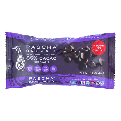 Chips de chocolate orgánico Pascha, amargo y oscuro, 85 % (caja de 6), 8,8 oz