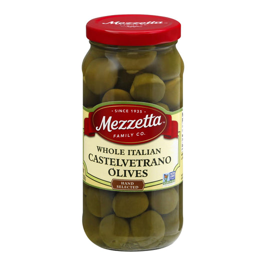 Aceitunas verdes enteras italianas Castelvetrano Mezzetta - Caja de 6 - 10 oz.