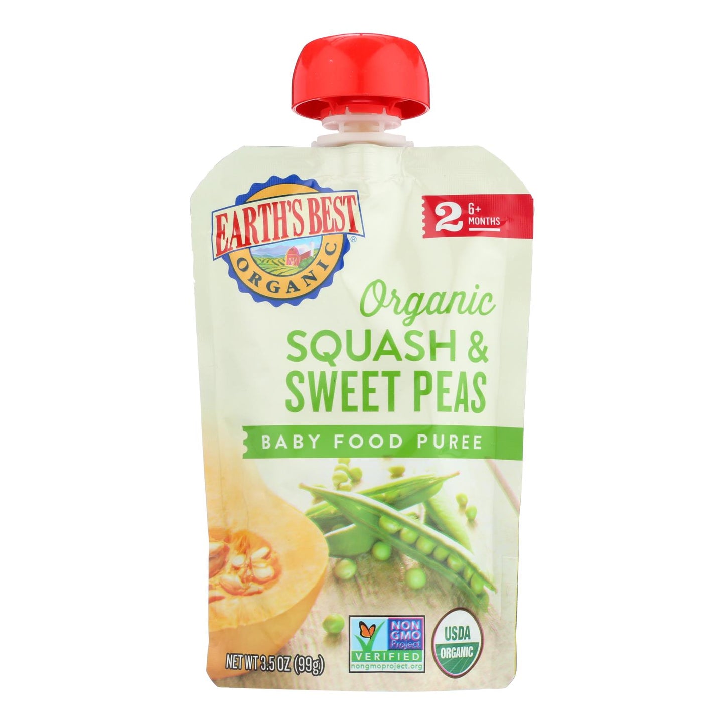 Puré de comida para bebés orgánico de calabaza y guisantes dulces Earth's Best - Etapa 2 - Caja de 12 - 3,5 oz.