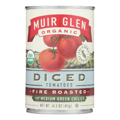 Tomates cortados en cubitos asados ​​al fuego Muir Glen con chiles verdes - Chiles verdes - Caja de 12 - 14,5 oz.