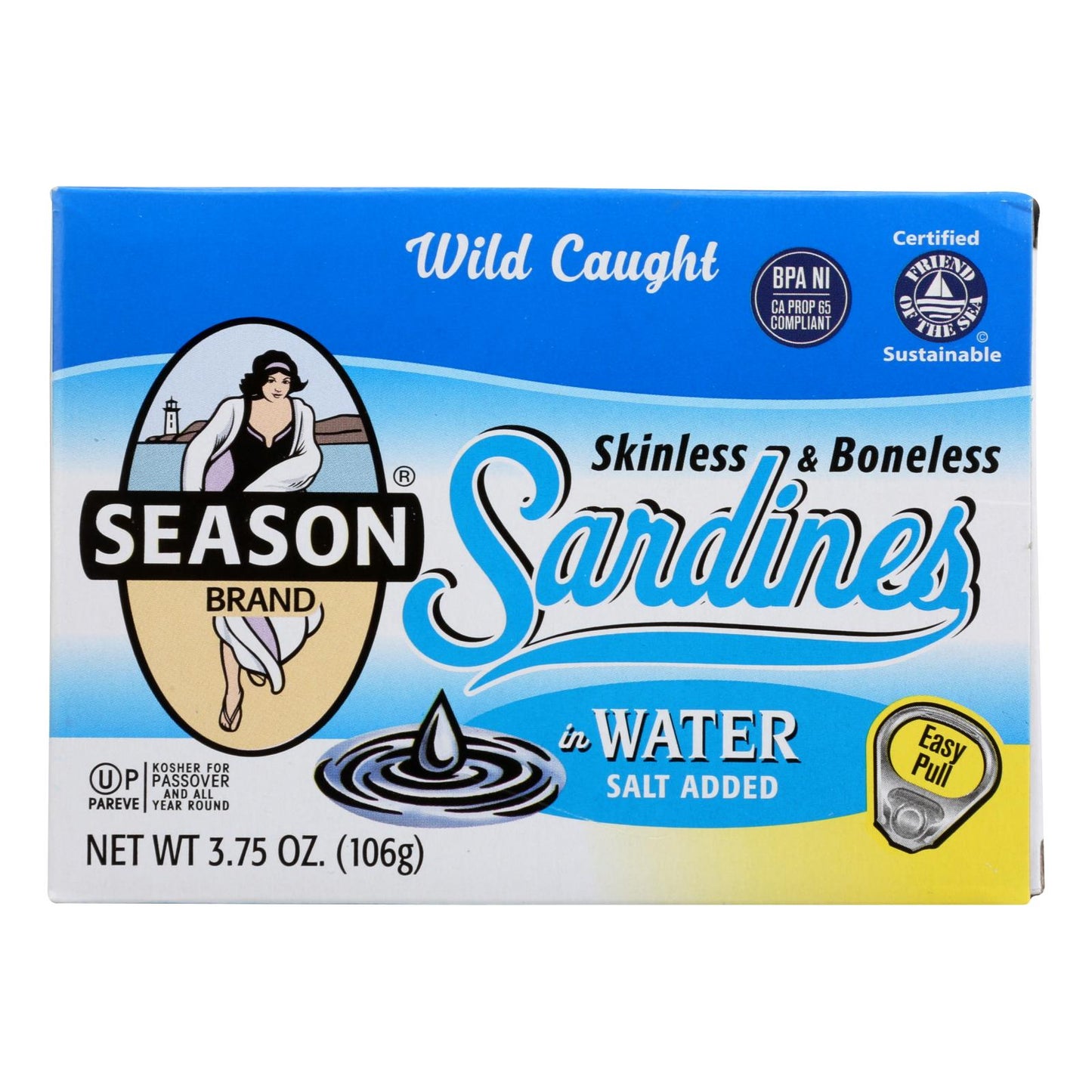 Season Brand Sardines - Skinless And Boneless - In Water - Salt Added - 3.75 Oz - Case Of 12