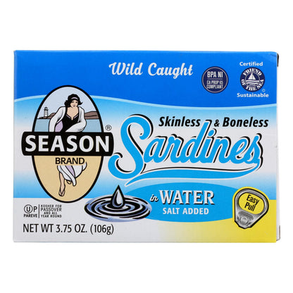 Season Brand Sardines - Skinless And Boneless - In Water - Salt Added - 3.75 Oz - Case Of 12