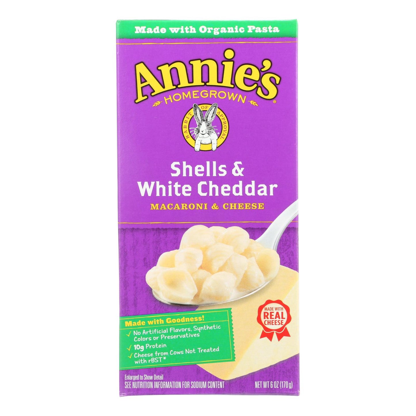 Macarrones con queso de cosecha propia de Annies, conchas y queso cheddar blanco, 6 oz, caja de 12