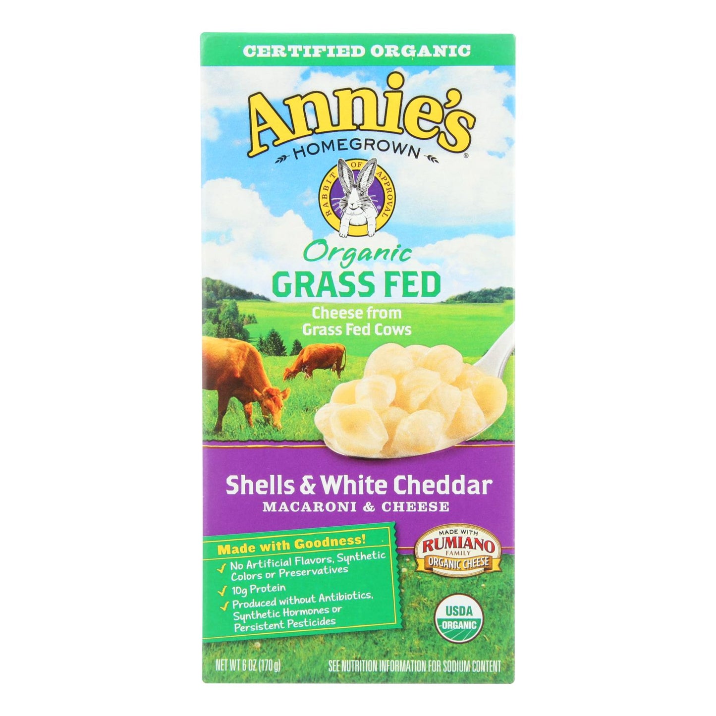 Macarrones con queso de cosecha propia de Annies, orgánicos, alimentados con pasto, conchas y queso cheddar blanco, 6 oz, caja de 12