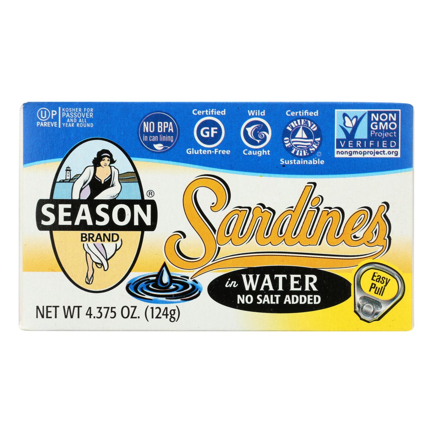 Sardinas de temporada en agua, sin sal añadida, caja de 12 unidades, 4,375 oz.