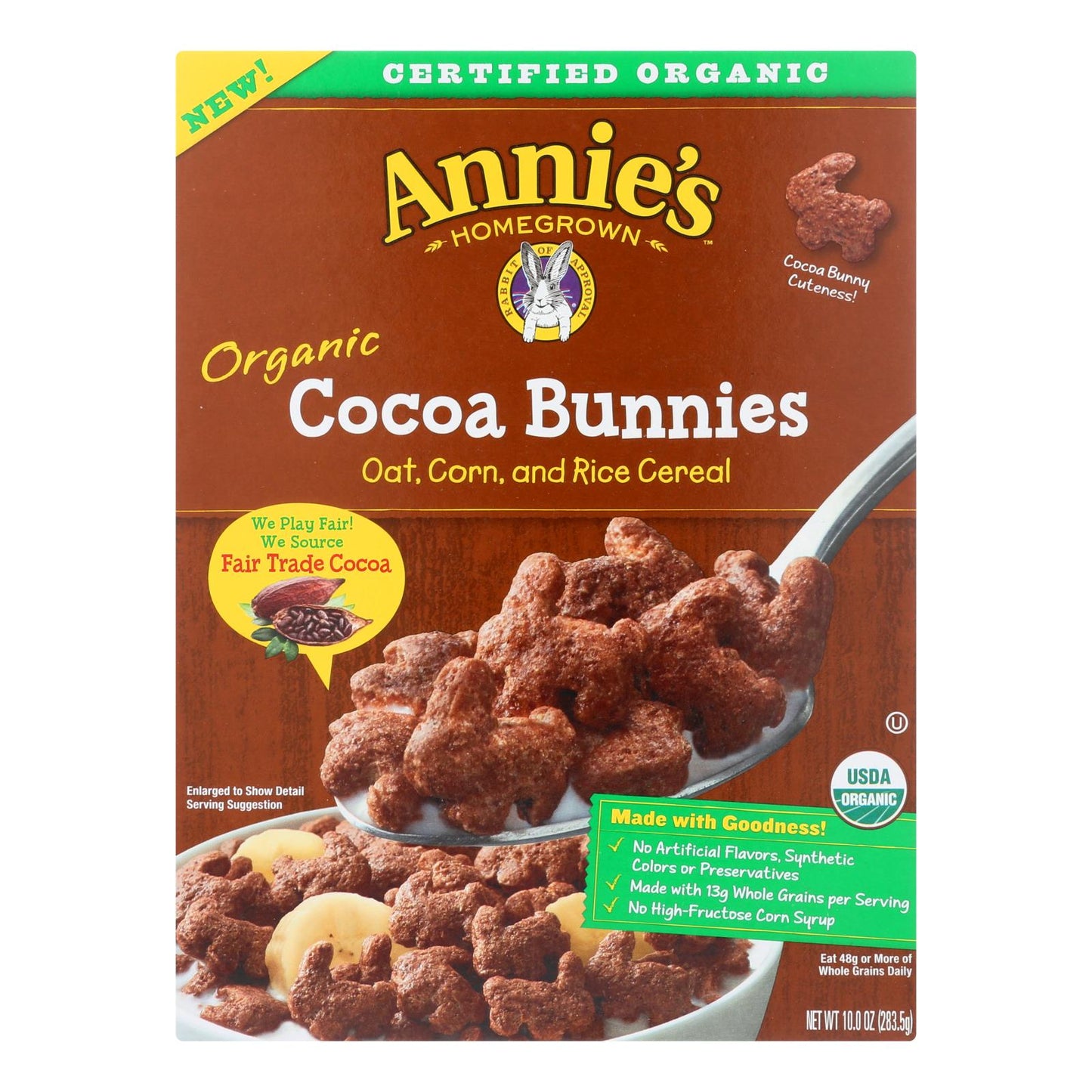 Conejitos de cacao orgánicos de cosecha propia de Annie, cereal de avena, maíz y arroz - Caja de 10 - 10 oz.