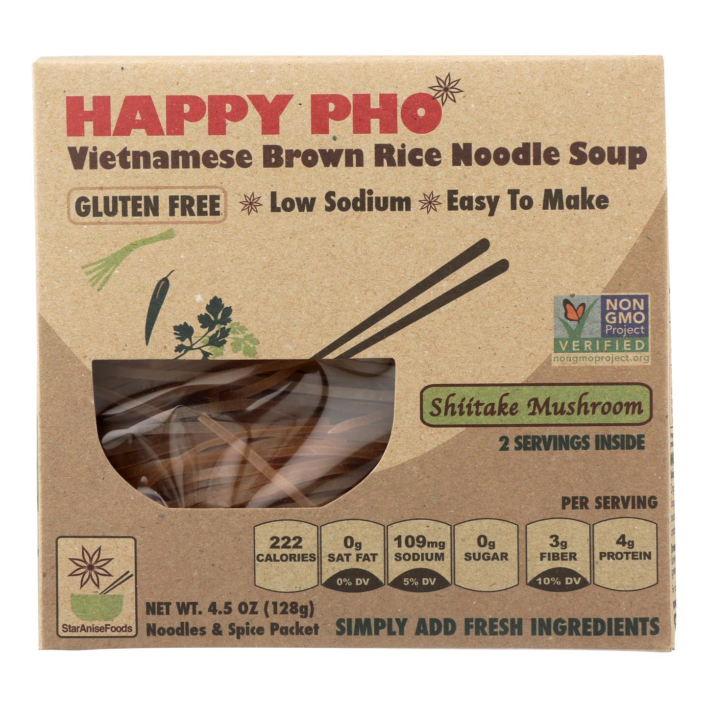 Sopa de anís estrellado - Fideos de arroz integral - Vietnamita - Happy Pho - Hongos shiitake - 4.5 oz - Caja de 6