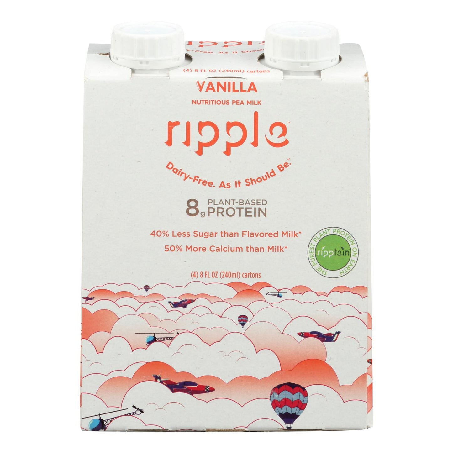 Ripple Foods Ripple 无菌香草植物基豌豆蛋白 - 4 盒装 - 4/8 Fz