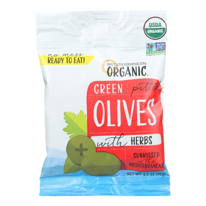 Aceitunas verdes deshuesadas orgánicas con hierbas del Mediterráneo - Caja de 12 - 2,5 oz