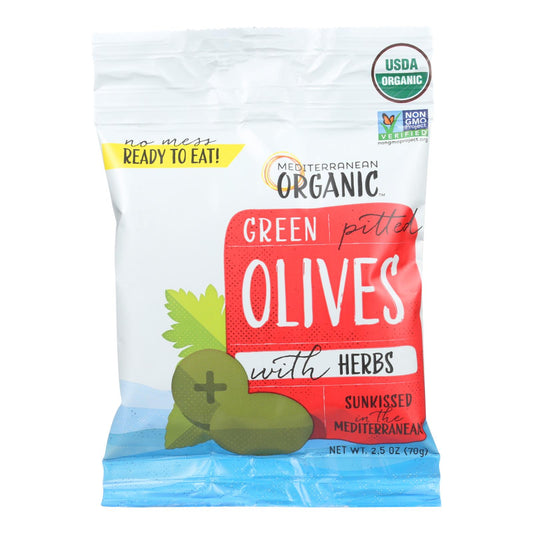 Aceitunas verdes deshuesadas orgánicas con hierbas del Mediterráneo - Caja de 12 - 2,5 oz