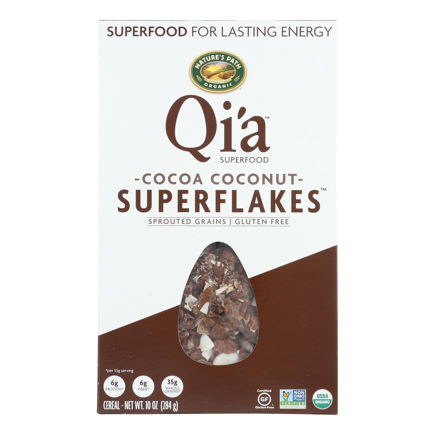 Copos de avena orgánicos Qi'a Superflakes de Nature's Path, sabor a cacao y coco, caja de 12, 10 oz.