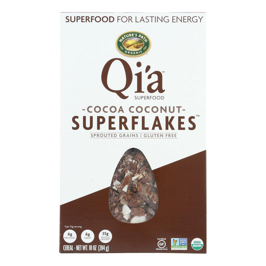 Copos de avena orgánicos Qi'a Superflakes de Nature's Path, sabor a cacao y coco, caja de 12, 10 oz.