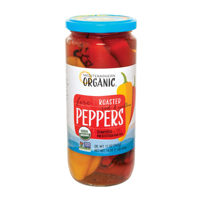 Pimientos rojos y amarillos orgánicos asados ​​al fuego de origen mediterráneo - Caja de 12 - 16 oz