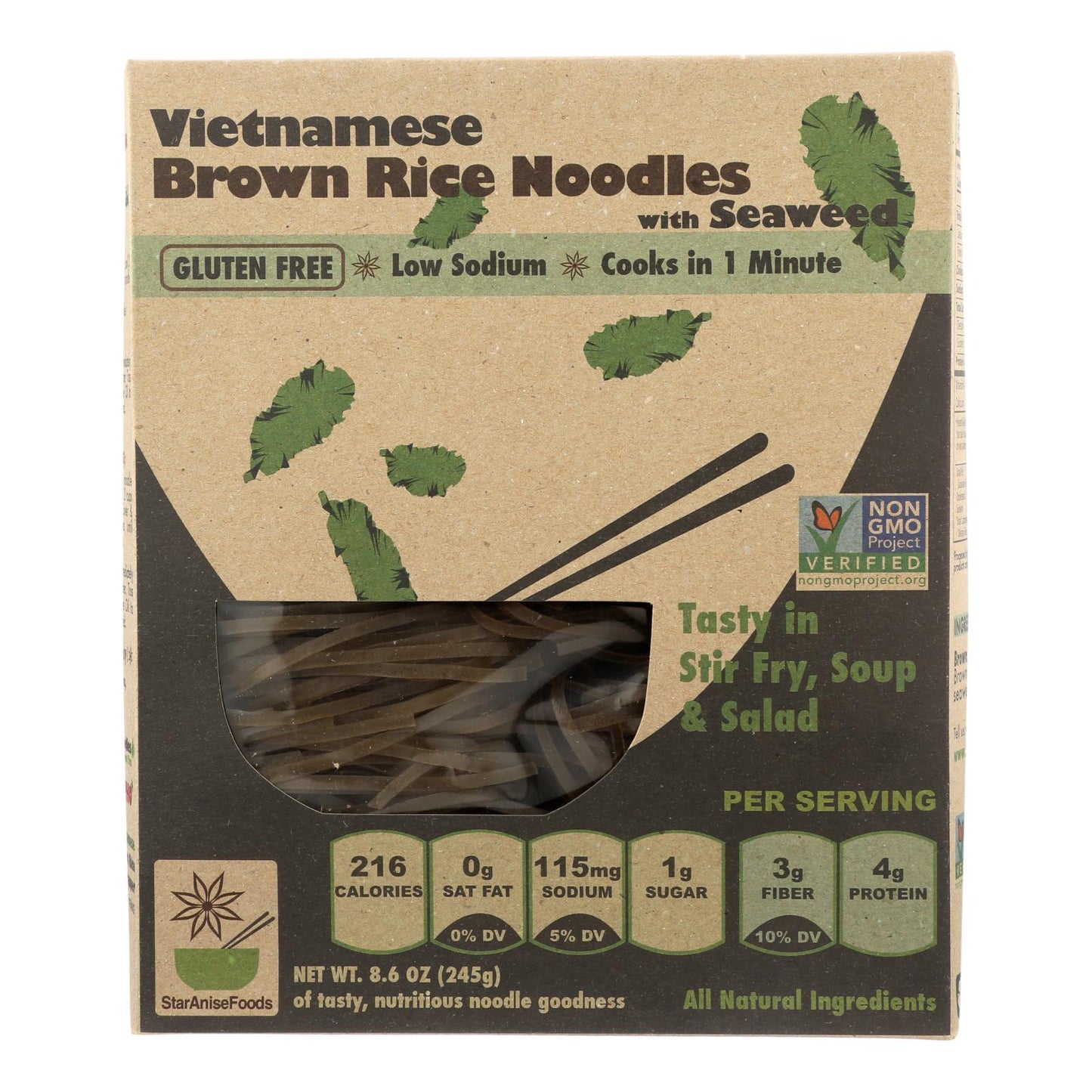 Fideos de Star Anise Foods - Arroz integral - Vietnamita - Con algas - 8,6 oz - Caja de 6