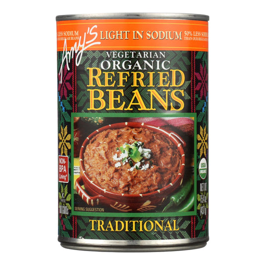 Amy's - Frijoles Refritos Tradicionales Orgánicos Ligeros en Sodio - Caja de 12 - 15.4 Oz.