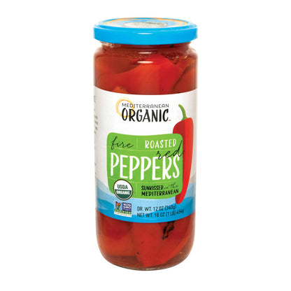 Pimientos rojos gourmet asados ​​al fuego orgánicos mediterráneos - Caja de 12 - 16 oz