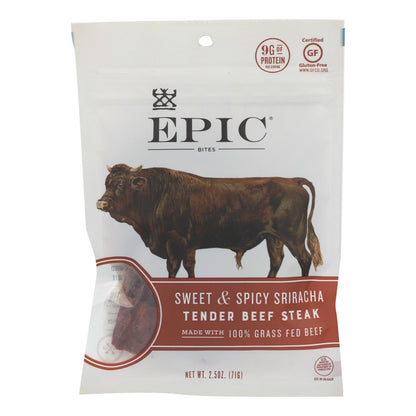 Epic - Jerky Bites - Bistec tierno de res con salsa Sriracha dulce y picante - Caja de 8 - 2.5 oz.