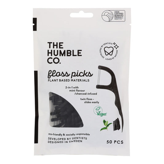 Humble Co - Floss Picks Charcoal Mint - Caja de 4, 50 unidades