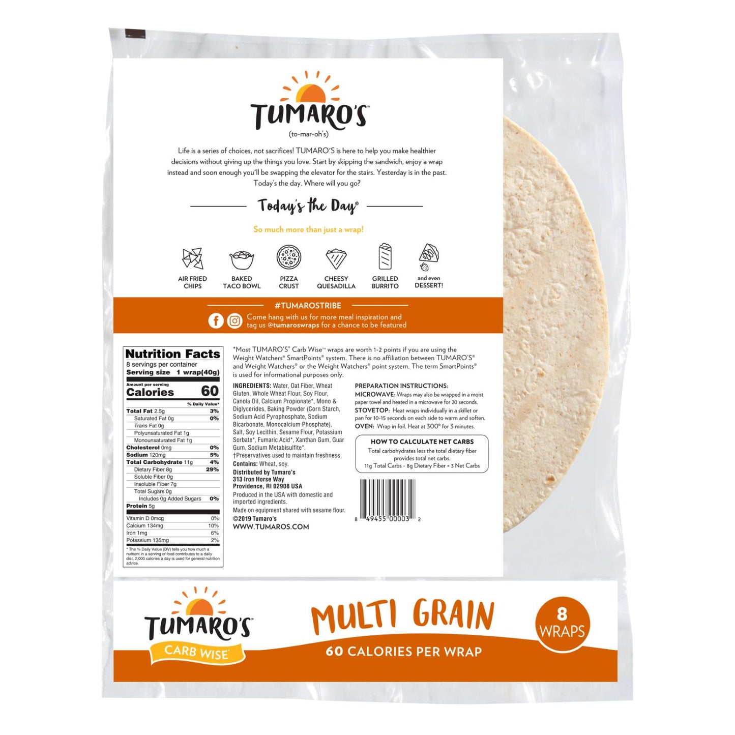 Tumaro's 8-inch Multi Grain Carb Wise Wraps - Case Of 6 - 8 Ct