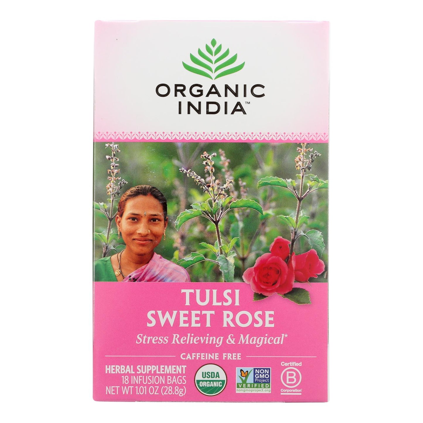 Té de tulsi orgánico de la India, rosa dulce, 18 bolsitas de té, caja de 6