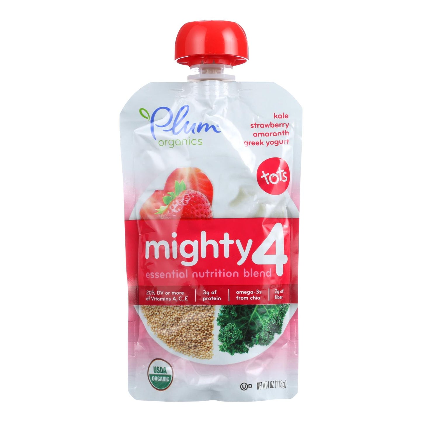 Mezcla de nutrición esencial de Plum Organics - Mighty 4 - Yogur griego con col rizada, fresa y amaranto - 4 oz - Caja de 6