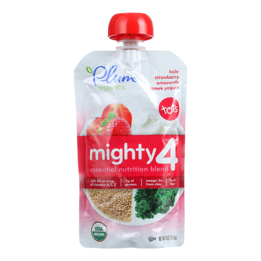 Mezcla de nutrición esencial de Plum Organics - Mighty 4 - Yogur griego con col rizada, fresa y amaranto - 4 oz - Caja de 6