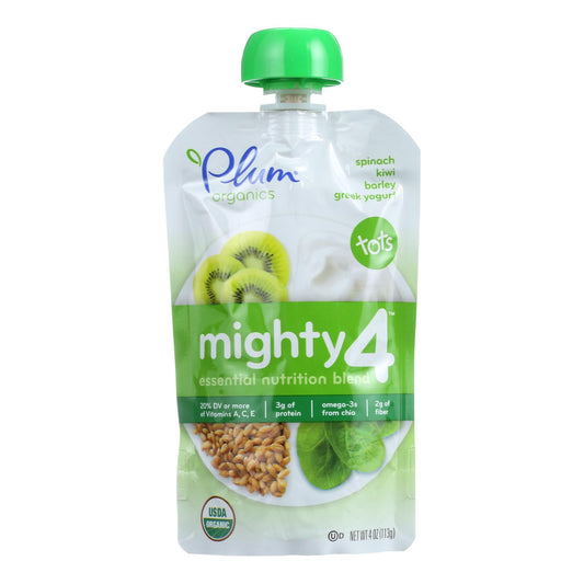 Mezcla de nutrición esencial de Plum Organics - Mighty 4 - Yogur griego con espinaca, kiwi y cebada - 4 oz - Caja de 6