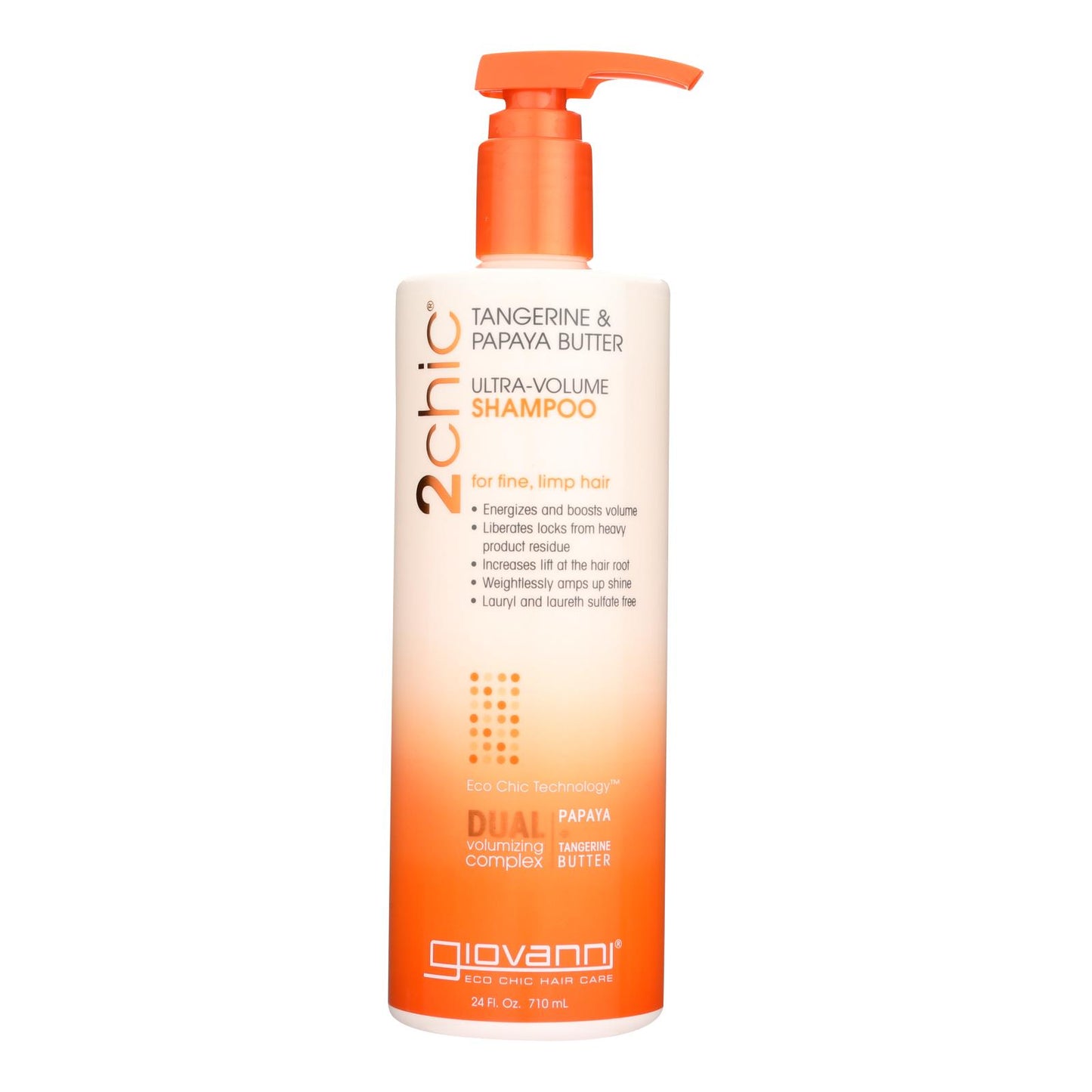 Champú 2chic de Giovanni Hair Care Products: manteca de mandarina y papaya ultravolumen, 24 onzas líquidas