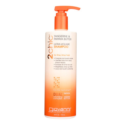 Champú 2chic de Giovanni Hair Care Products: manteca de mandarina y papaya ultravolumen, 24 onzas líquidas