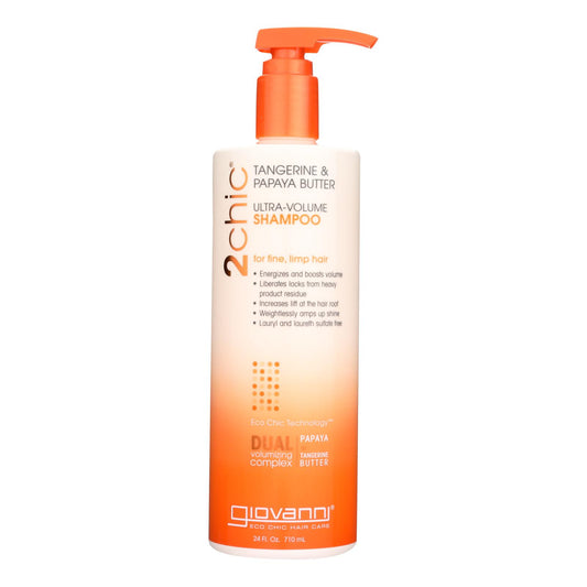Champú 2chic de Giovanni Hair Care Products: manteca de mandarina y papaya ultravolumen, 24 onzas líquidas