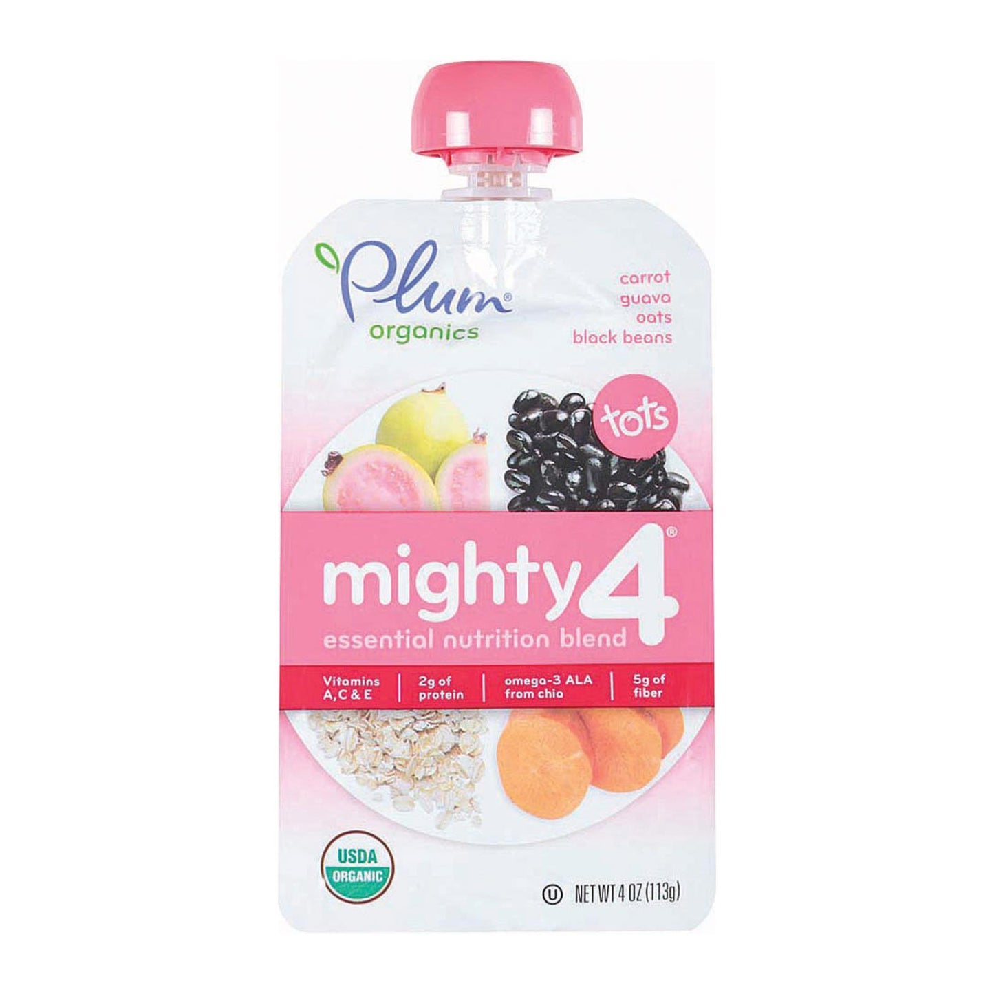 Plum Organics Mighty 4 Blends Tots - Guayaba, granada, frijoles negros, zanahoria y avena - Caja de 6 - 4 oz.